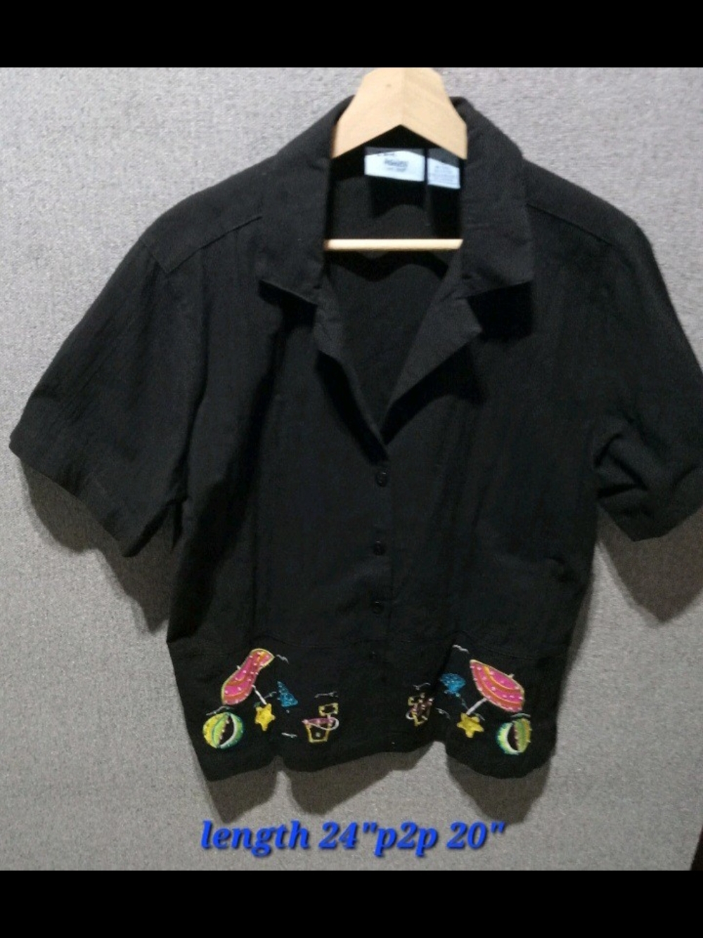 Jane Ashley Black Short-Sleeve Embroidered Button-Up Blouse